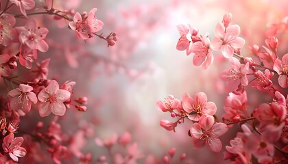 Wall Mural - Blossoming branch of sakura with pink flowers on a light background