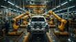 © Lamina - photograph capturing workers in a high-tech automotive factory assembling cars, with robotic arms and advanced machinery aiding the process, bathed in bright industrial lighting.