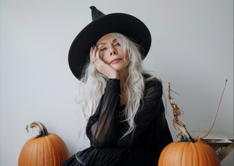 A woman in a black hat and dress sits in front of two pumpkins