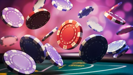 falling casino colorful chips on a pink bokhe background, Simple poker game chips, Game chips for betting in gambling and cards.