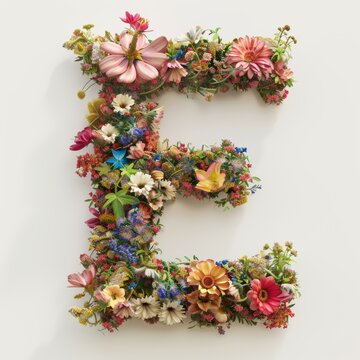 Elegant shot of text Letters ‘E’ crafted in flowers on a clean. A beautiful flower arrangement forming the letter 'E'.