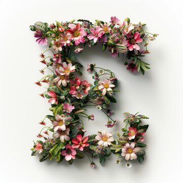 Elegant shot of text Letters ‘E’ crafted in flowers on a clean. A beautiful flower arrangement forming the letter 'E'.