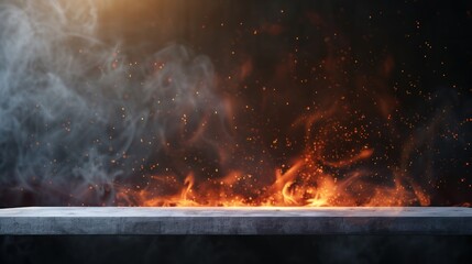 Table with burning fire sparks and smoke on dark background