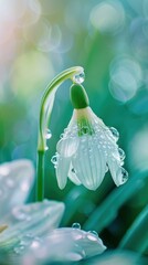 Sticker - Water droplet on snowdrop flower outdoors nature plant.