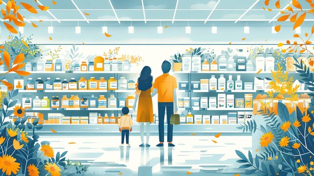 vector, illustration, flat, Family shopping. A vector illustration of people in a store shopping, handwritten drawings in the supermarket and in the mall