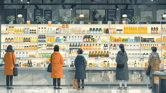 vector, illustration, flat, Family shopping. A vector illustration of people in a store shopping, handwritten drawings in the supermarket and in the mall