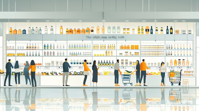 vector, illustration, flat, Family shopping. A vector illustration of people in a store shopping, handwritten drawings in the supermarket and in the mall