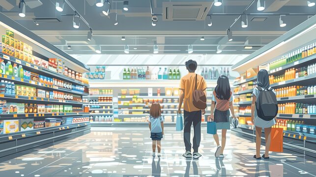 vector, illustration, flat, Family shopping. A vector illustration of people in a store shopping, handwritten drawings in the supermarket and in the mall