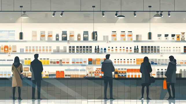 vector, illustration, flat, Family shopping. A vector illustration of people in a store shopping, handwritten drawings in the supermarket and in the mall