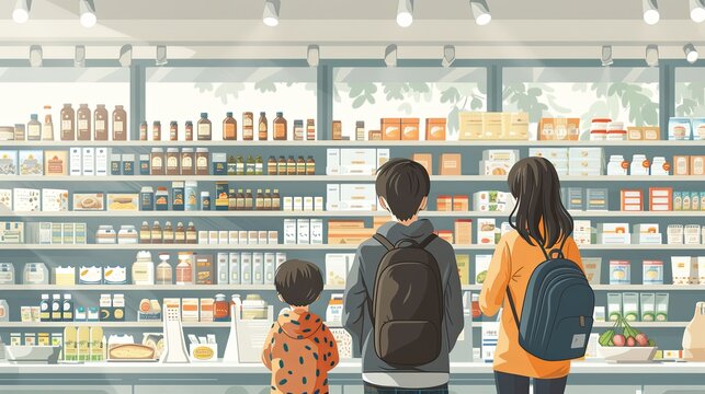 vector, illustration, flat, Family shopping. A vector illustration of people in a store shopping, handwritten drawings in the supermarket and in the mall