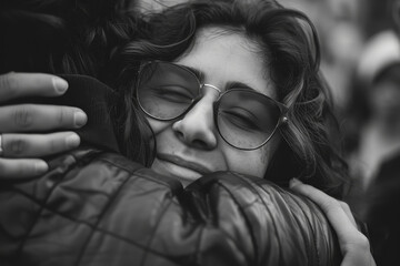 Wall Mural - 22. Friends hugging each other tightly, expressing love and connection. Sharp Focus, High-resolution photograph captured using Canon EOS R5 camera.