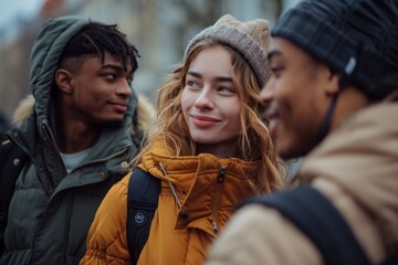 Wall Mural - 38. A group of friends exploring a new city together, enjoying the adventure and each other's company. Sharp Focus, High-resolution photograph captured using Canon EOS R5 camera.