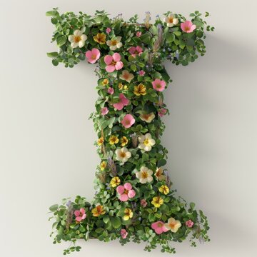 Elegant shot of text Letters ‘I’ crafted in flowers on a clean. A beautiful flower arrangement forming the letter 'I'.
