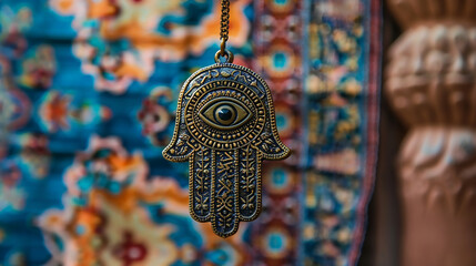 Wall Mural - A close-up of a beautifully crafted Hamsa hand pendant hanging in front of a colorful tapestry. The intricate patterns and eye in the center signify protection and blessings.