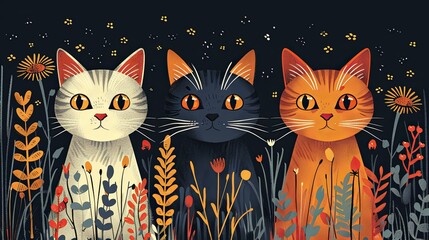 Naklejka na meble vector, illustration, flat, Cute spring collection of cute cards with cats. Decorative abstract illustrations with colorful doodles. Hand-drawn modern illustrations with cats, flowers, abstract elemen