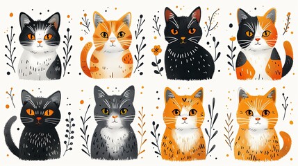 vector, illustration, flat, Cute spring collection of cute cards with cats. Decorative abstract illustrations with colorful doodles. Hand-drawn modern illustrations with cats, flowers, abstract elemen