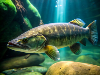 Wall Mural - fish in aquarium, aquarium, nature, fishing, lake, isolated, underwater, freshwater, river, white, sea, catch, pike, scales