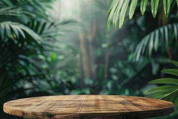 Wall Mural - Table top wood counter floor podium in nature outdoors tropical forest garden blurred green jungle plant background.natural product present placement pedestal stand display,spring - generative ai