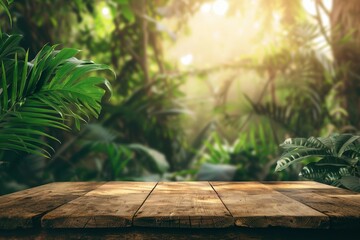 Wall Mural - Table top wood counter floor podium in nature outdoors tropical forest garden blurred green jungle plant background.natural product present placement pedestal stand display,spring - generative ai