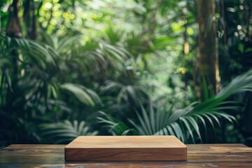 Wall Mural - Table top wood counter floor podium in nature outdoors tropical forest garden blurred green jungle plant background.natural product present placement pedestal stand display,spring - generative ai