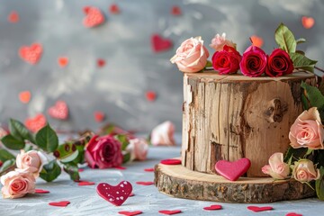 Wall Mural - Valentine's day background with empty wooden log, rose flowers and heart shapes. Holiday mock up for design and product display - generative ai