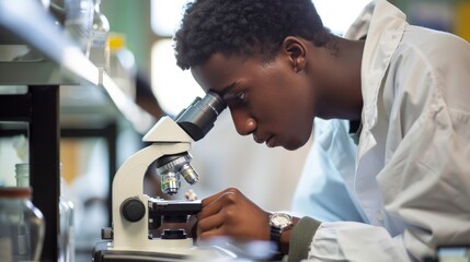 Wall Mural - student using a microscope in a biology lab class