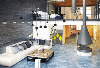 Sticker - modern loft living room interior.