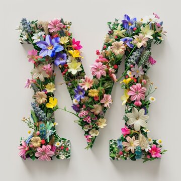 Elegant shot of text Letters ‘M’ crafted in flowers on a clean. A beautiful flower arrangement forming the letter 'M'.