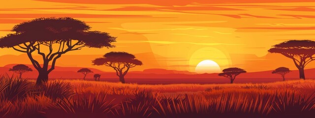 Wall Mural - Illustration expansive savannah landscape with acacia trees, tall golden grasses, and a striking orange and red sunset