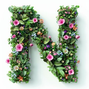 Elegant shot of text Letters ‘N’ crafted in flowers on a clean. A beautiful flower arrangement forming the letter 'N'.