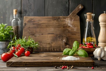 Wall Mural - Vintage wooden podium board for product display with cooking ingredients - generative ai