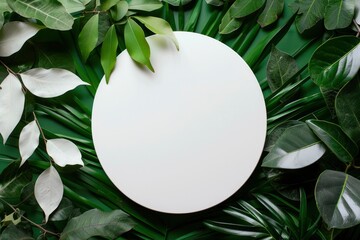 Wall Mural - White round template podium mockup natural organic cosmetic product presentation ad on green eco forest fresh leaves nature flat lay background, trendy stylish minimalist flatlay - generative ai