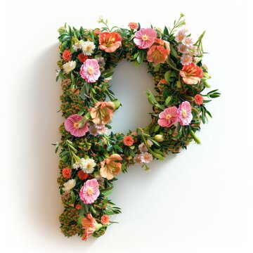 Elegant shot of text Letters ‘P’ crafted in flowers on a clean. A beautiful flower arrangement forming the letter 'P'.