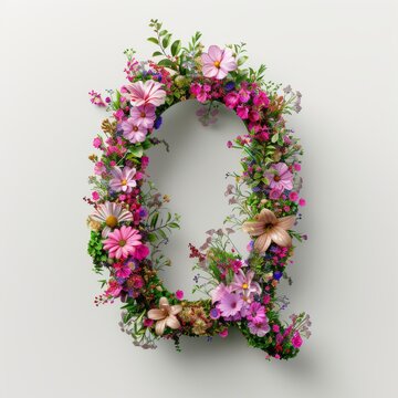 Elegant shot of text Letters ‘Q’ crafted in flowers on a clean. A beautiful flower arrangement forming the letter 'Q'. 