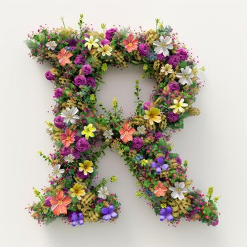 Elegant shot of text Letters ‘R’ crafted in flowers on a clean. A beautiful flower arrangement forming the letter 'R'.