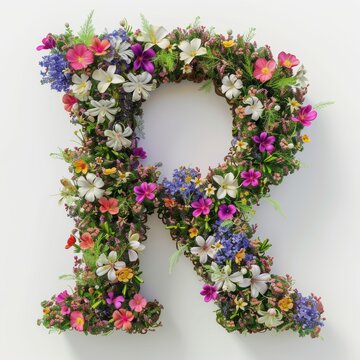 Elegant shot of text Letters ‘R’ crafted in flowers on a clean. A beautiful flower arrangement forming the letter 'R'.