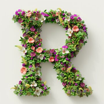 Elegant shot of text Letters ‘R’ crafted in flowers on a clean. A beautiful flower arrangement forming the letter 'R'.