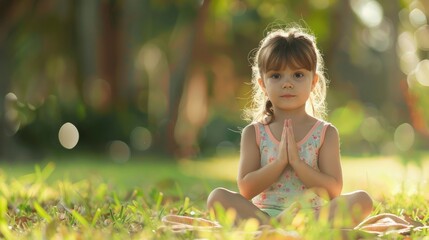 Wall Mural - a little girl exercise with yoga in lotus pose on green grass,generative ai