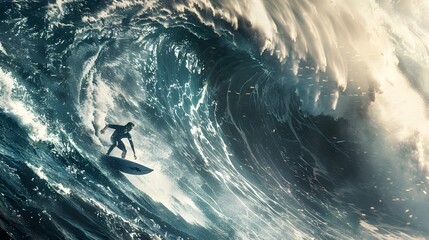 Wall Mural - surfing big wave a_ surfer riding a massive wave capture