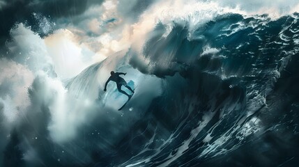Wall Mural - surfing big wave a_ surfer riding a massive wave capture