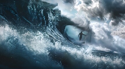Wall Mural - surfing big wave a_ surfer riding a massive wave capture