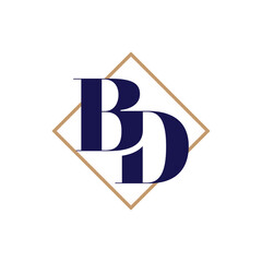 Poster - A flat logo of an initial letter BD in classic serif font in dark blue color inside a diamond shape in brown