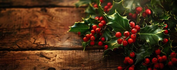 Wall Mural - A festive arrangement of holly branches with vibrant red berries and glossy green leaves