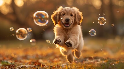 Sticker - Golden Retriever Puppy Chasing Bubbles