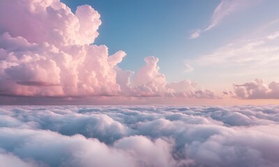 Wall Mural - surreal landscape composed entirely of fluffy clouds in various shapes and colors, with a gentle pastel sky in the background.