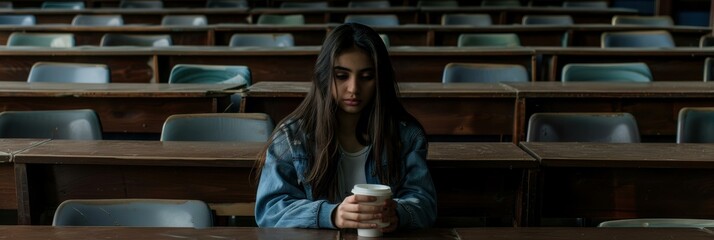 Canvas Print - A woman sitting in a classroom with her head covered by hair. AI.