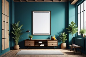 A blank photo frame on a painted wall for mockup design