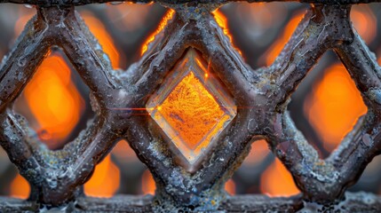 Poster - A close up of a diamond patterned grate with fire in the background. AI.