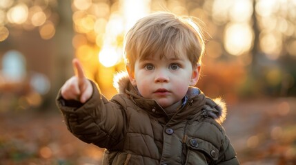 Wall Mural - A young boy pointing at something in the distance with his finger. AI.