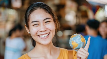 Poster - A woman holding a globe in her hand and smiling. AI.